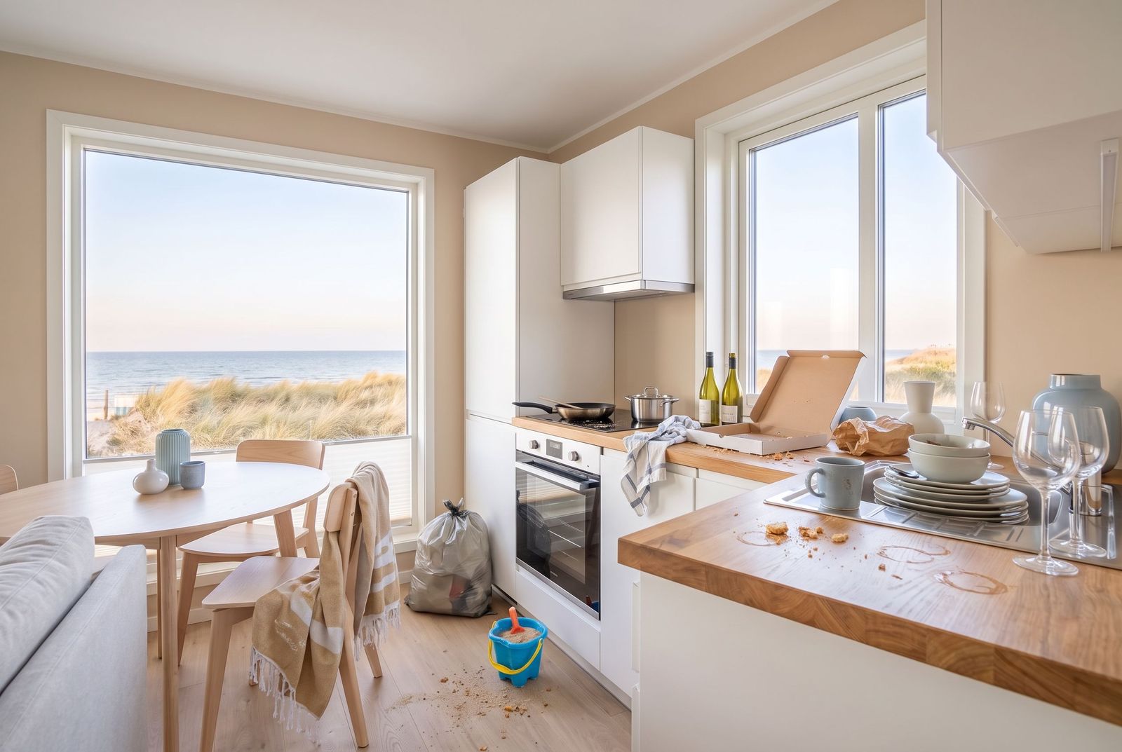 Küche einer Ferienwohnung nach der Abreise der Gäste: Geschirr in und neben der Spüle, Pizzakarton, leere Flaschen, Krümel und ein Müllsack auf dem Boden